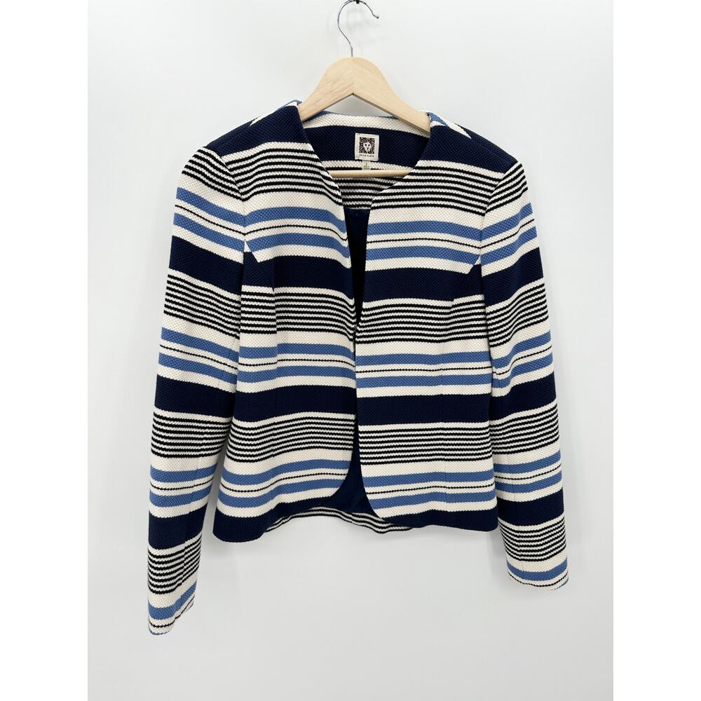 Anne Klein Tweed Jacket Women 4 Blue Black Striped Open Front Tulip Hem Blazer